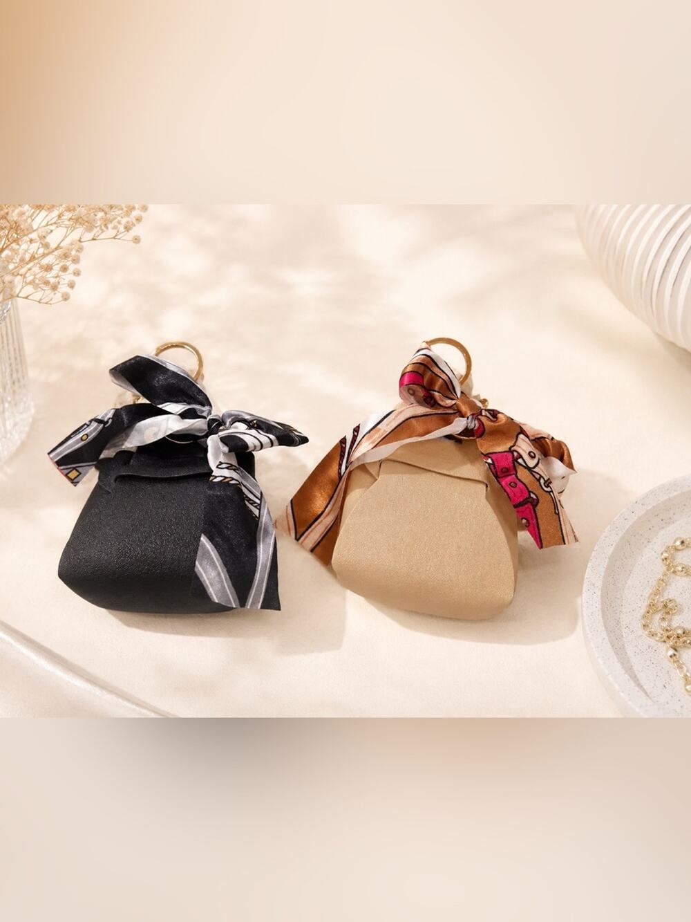 2 Elegant Scarf-Tie Mini Bag charm Keychain in gold Black Beige cute party gift